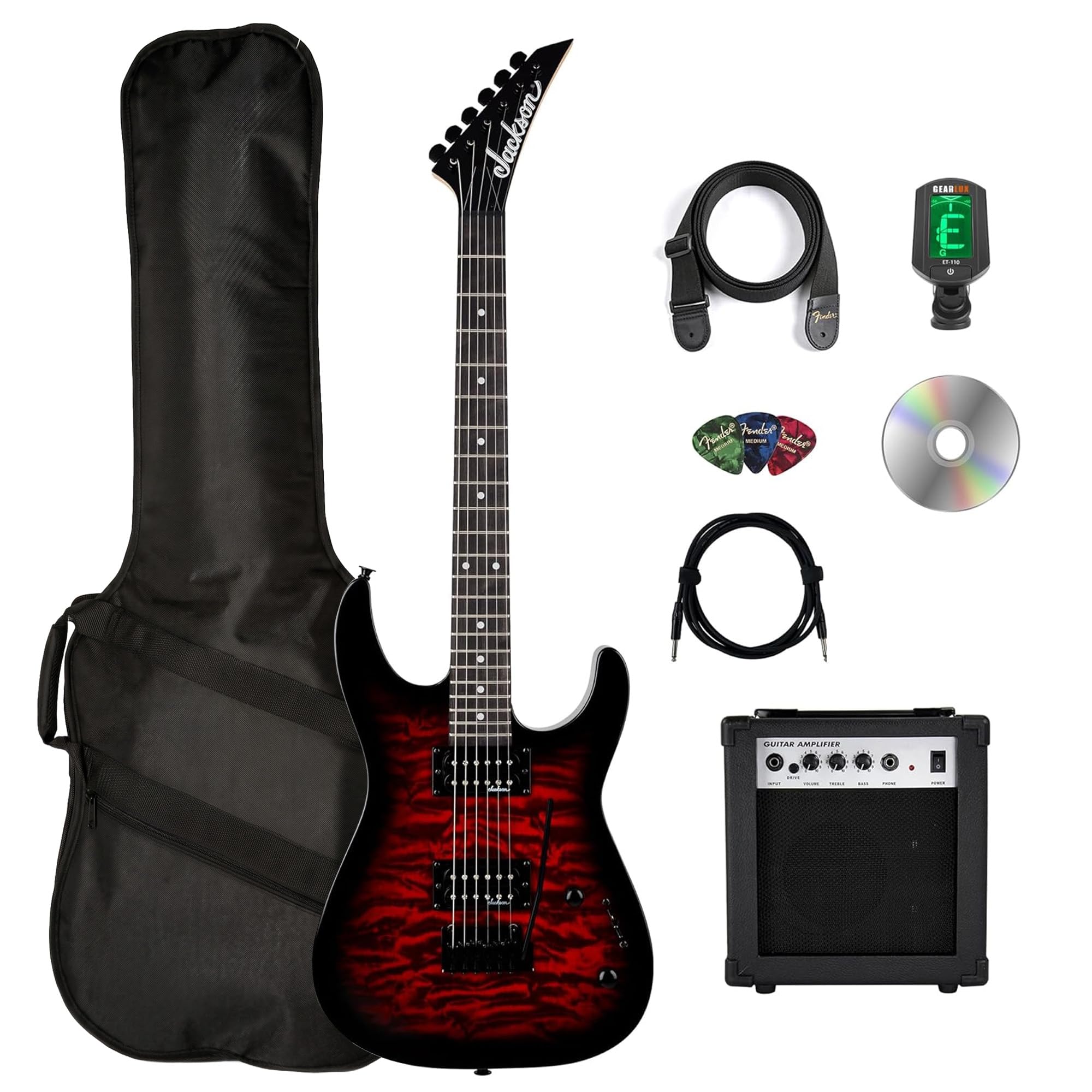 Jackson JS Series Dinky JS11 Electric Guitar - Metallic Red Bundle with Cable, Tuner, Strap, Picks, and Austin Bazaar Instructional DVD