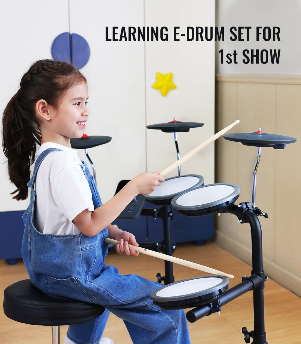 HAMPBACK MK-0 Electric Drum Set with 7'' Quiet Mesh Drum Pads, 8'' Full Rubber Cymbals, 12 Kits and 68 Authentic Sounds, USB MIDI, Throne, Sticks, Headphone, 2 Switch Pedals for Beginners & Kids