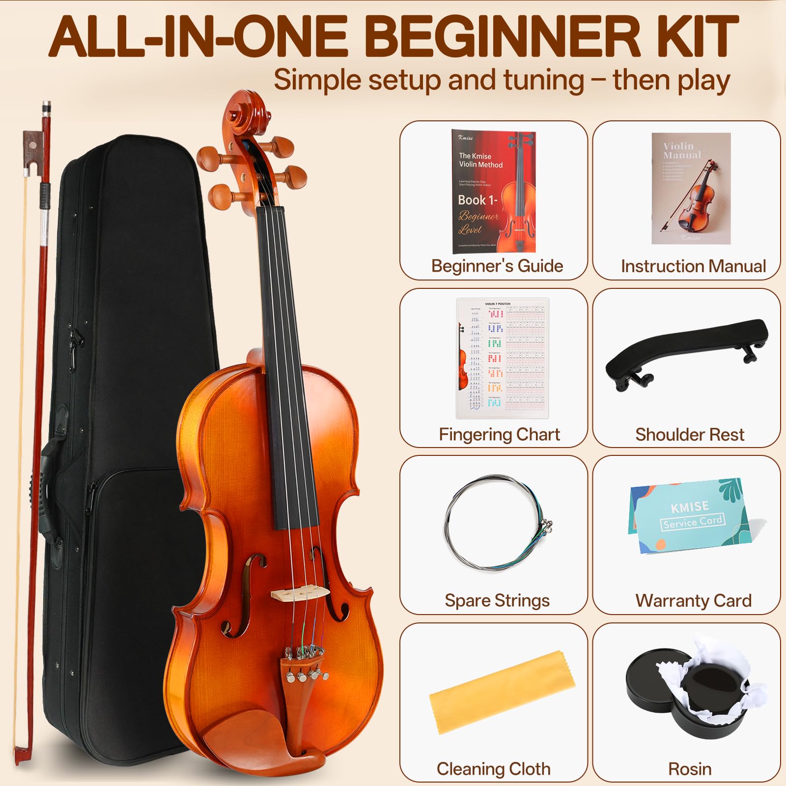 Kmise Teacher Approved 4/4 Full Size Violin Starter Kit for Adults Beginners Students, High Density Ebony Acoustic Violins, Fiddle Bundle with Case, Bow, Rosin, Strings, Shoulder Rest & Guide