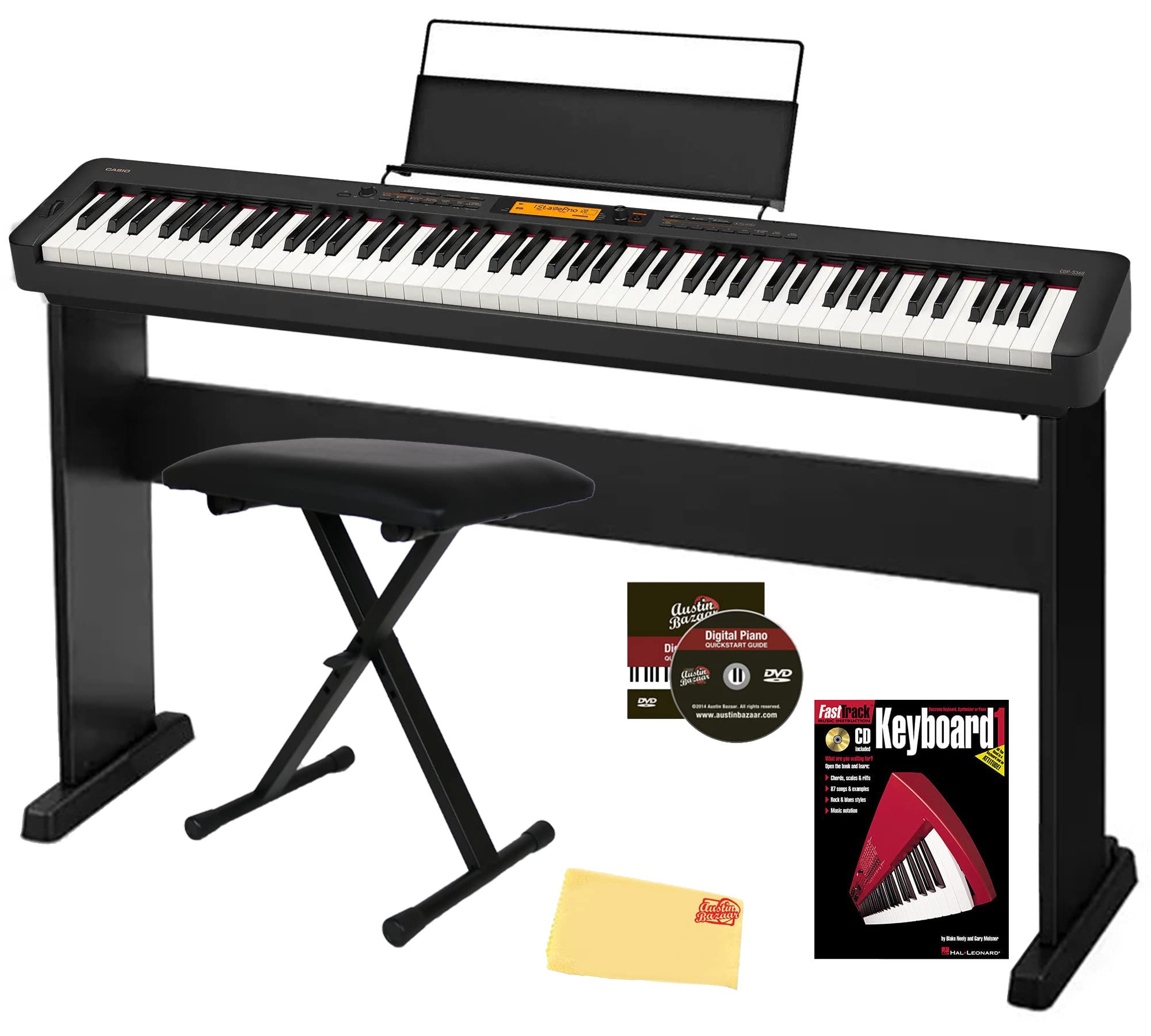 Casio CDP-S360 88-Key Compact Digital Piano - Black Bundle with CS-470P Stand, 3-Pedal System, Furniture Bench, Instructional Book, Online Lessons, Instructional DVD, and Austin Bazaar Polishing Cloth