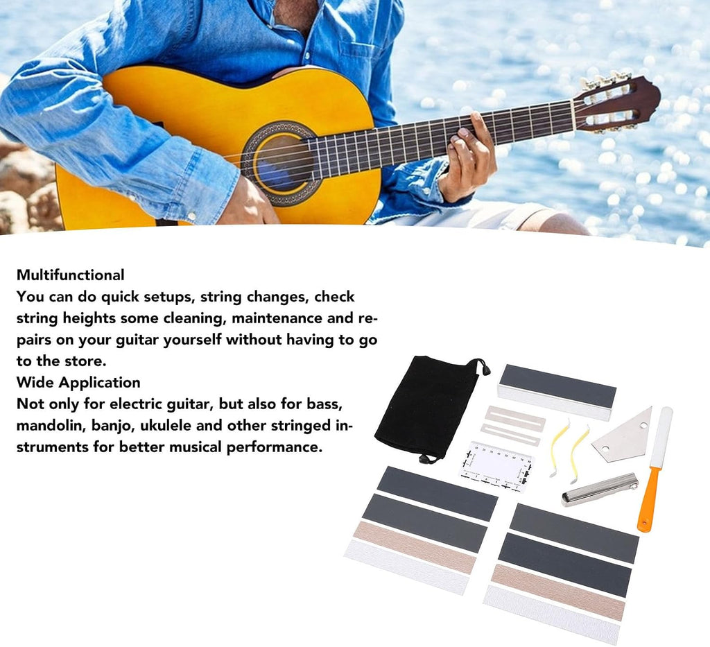 18PCS Guitar Luthier Tool Set, Guitar Maintenance Kit with Aluminum Fret File, String Height Ruler & Sandpaper Strips, for Electric Guitar, Bass, Ukulele, Banjo and
