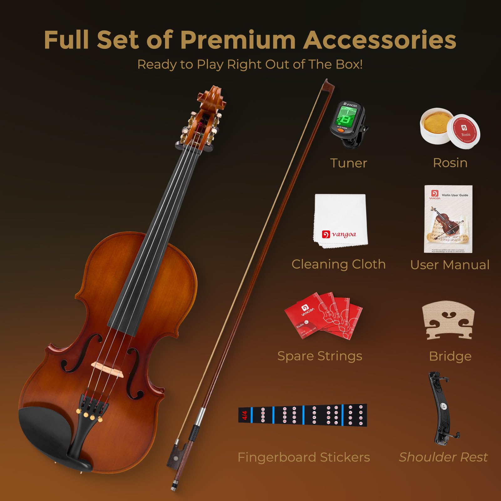 Vangoa Violin 4/4 Full Size Set, Handcrafted Entry Level Acoustic Violin Set with Lightweight Hard Case, Suitable for Beginners, Teens, 12+, Adults, Right Handed Players