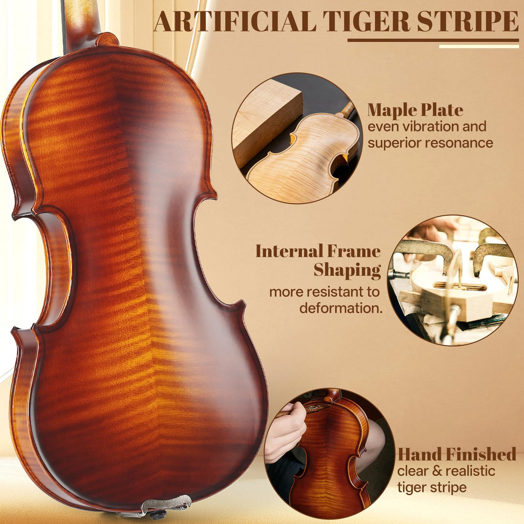 Kmise Violin 4/4 Full Set, Fingerboard Fret Markings Violins, Matte Acoustic Fiddle for Adults, Beginners, Students with Violin Case, Rosin, Strings, Bow, Shoulder Rest, Beginner's Guide (Matte, 4/4)