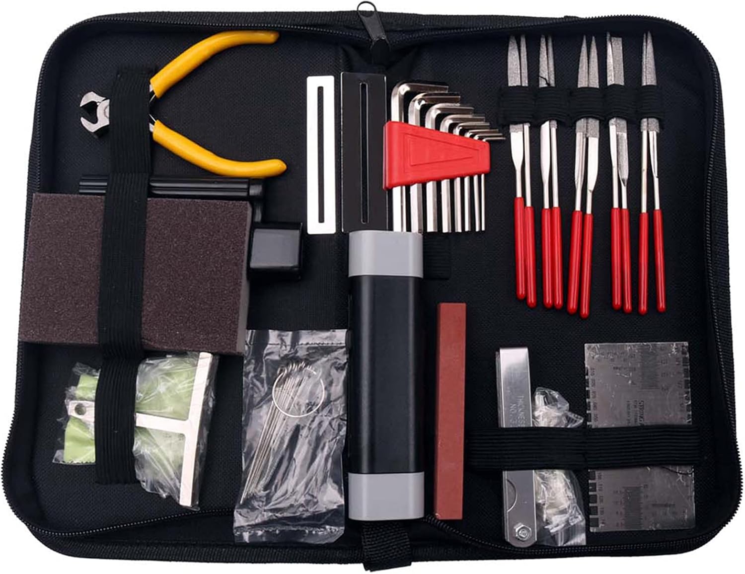 Guitar Tool Kit, 57 PCS Metal and Plastic String Instrument Maintenance Set with String Action Ruler, Radius Gauges and Carry Bag for Guitar Ukulele Bass Banjo Players