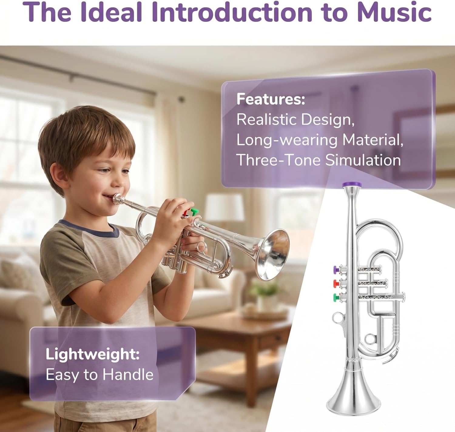 Toyvian Simulated Three-Tone Trumpet Toy for Kids Ages 3-12 Early Instruments Learning Tool Realistic Musical Instrument Model for Home and School Education