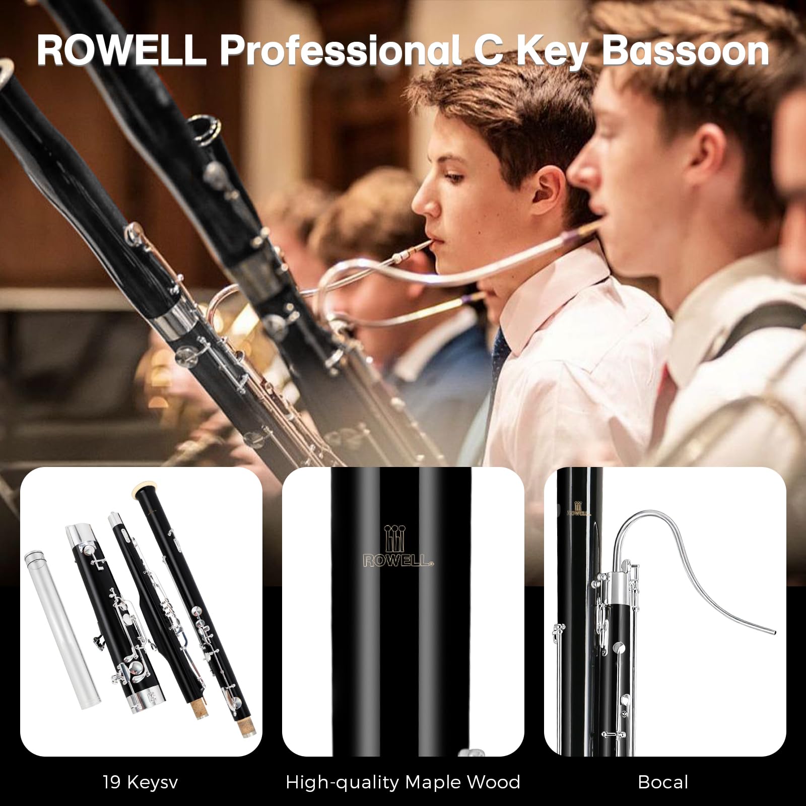 ROWELL Maple Bassoon C Key Bassoon with Self-Locking Mechanism 19 Keys Silver Plated Bassoons Instrument with Case and Care Kit, Ideal for School Band, Orchestra, and Home Practice Black