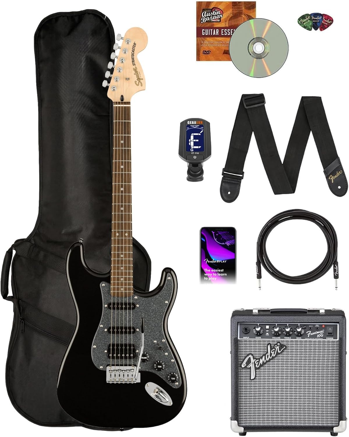 Fender Squier Affinity Stratocaster FMT HSS - Sienna Sunburst Bundle with Frontman 10G Amplifier, Gig Bag, Tuner, Instrument Cable, Strap, Picks, and Austin Bazaar Instructional DVD