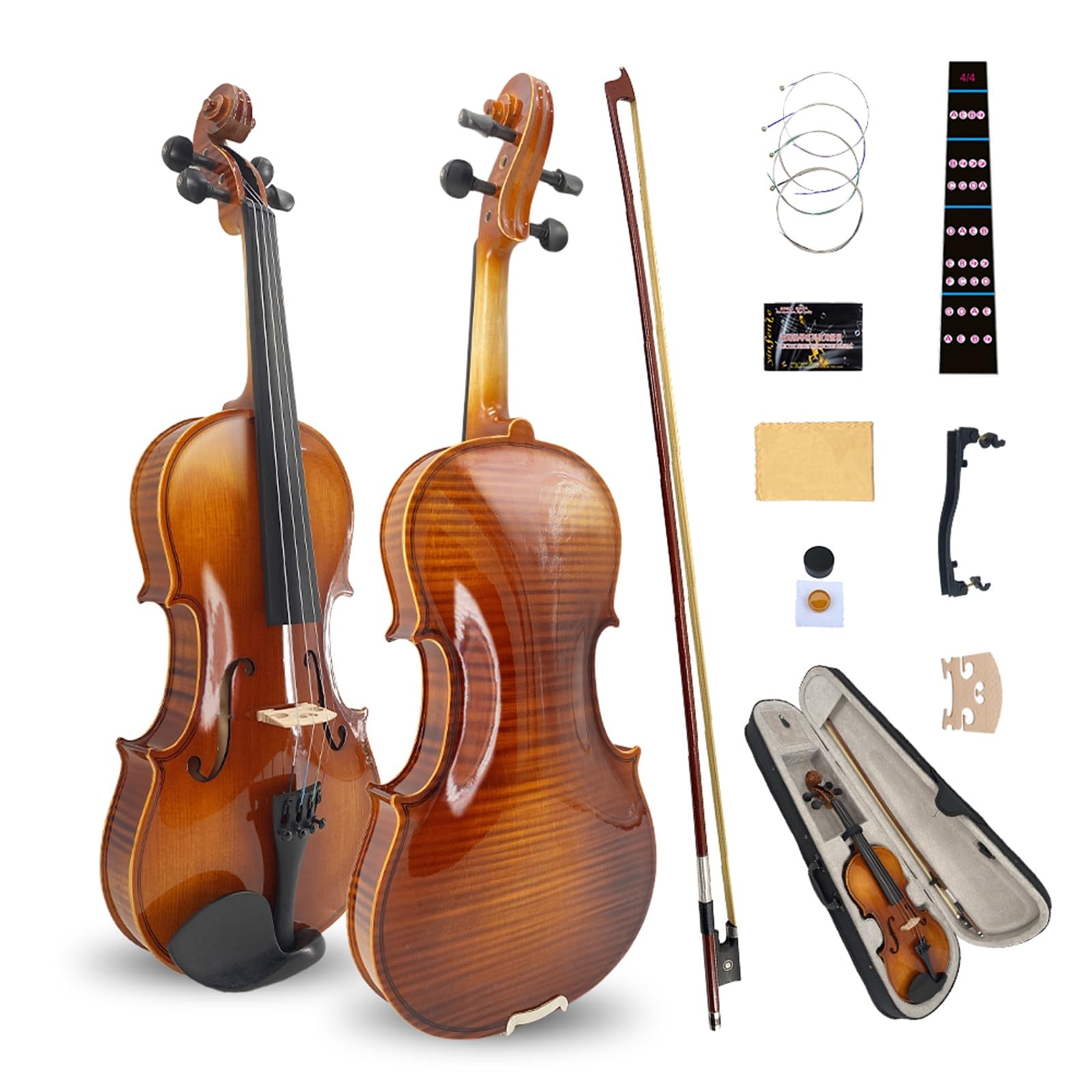 Vetimobato Handmade 4/4 Full Size Violin Set - One-piece Flame Back Maple Neck Solid Wood Fittings Complete Kit with Case Bow Shoulder Rest Strings for Beginners to Intermediate Players (4/4)