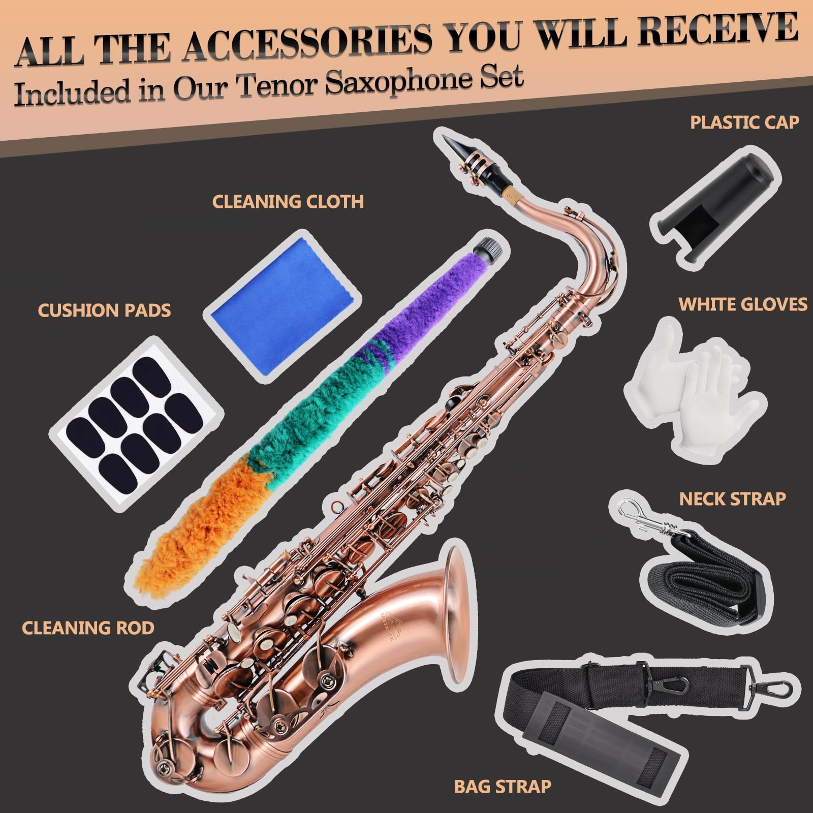 EASTROCK Nickel Tenor Saxophone B Flat Tenor Sax Professional Tenor Saxophone for Beginners Students and Musicians with Carrying Case,Mouthpiece,Reeds,Cushion Pads,Cleaning Kit,Neck Strap
