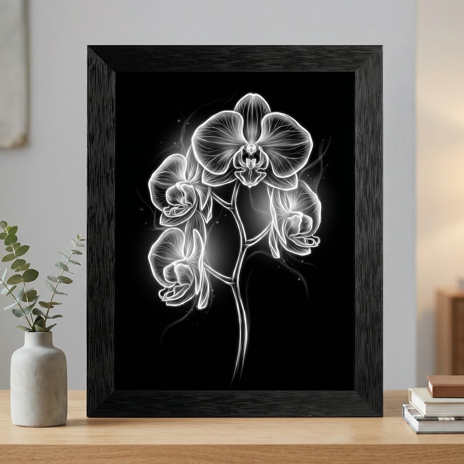 Framed Canvas Wall Art Minimalist Abstract Cello Musical Instrument Electric White Glowing Lines on Black Canvas Print Poster Black Frame Wall Decor for Music Room Studio Modern Art, Inch 24x36