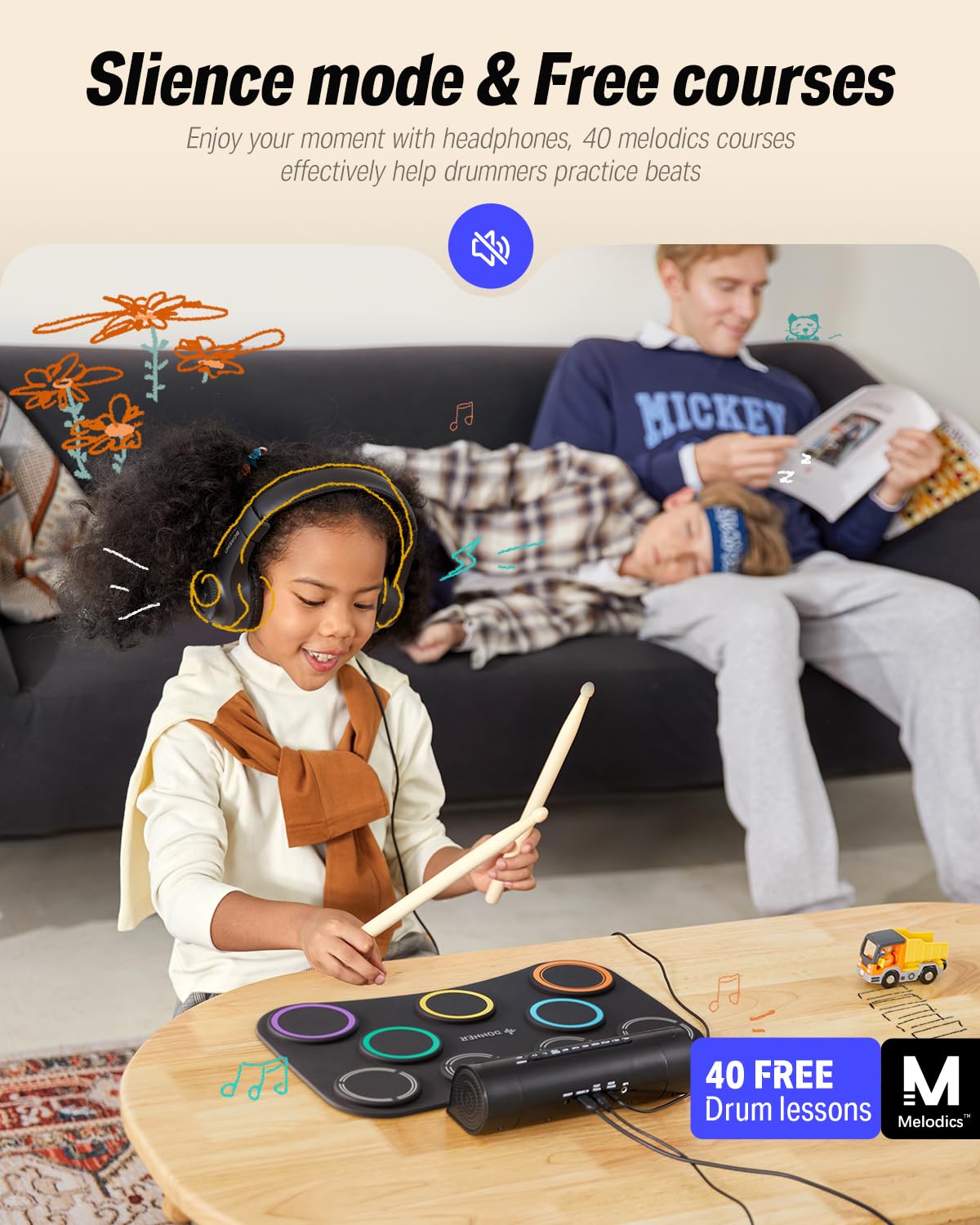 Donner Electronic Drum Set, 7 Pads Electric Drum Pad Roll Up Quiet Drum Pad Built-in Speaker, 40 Drum Lessons Included, Kids Holiday Christmas & Birthday Gift Instrument Toys(DED-20)