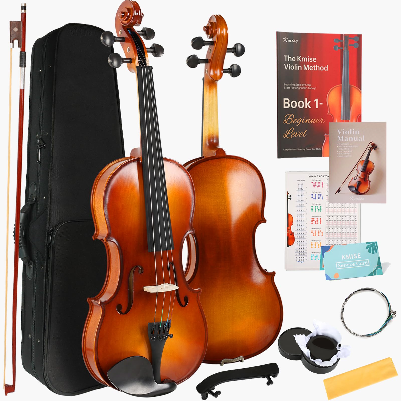 Kmise Teacher Approved 4/4 Full Size Violin Starter Kit for Adults Beginners Students, High Density Ebony Acoustic Violins, Fiddle Bundle with Case, Bow, Rosin, Strings, Shoulder Rest & Guide