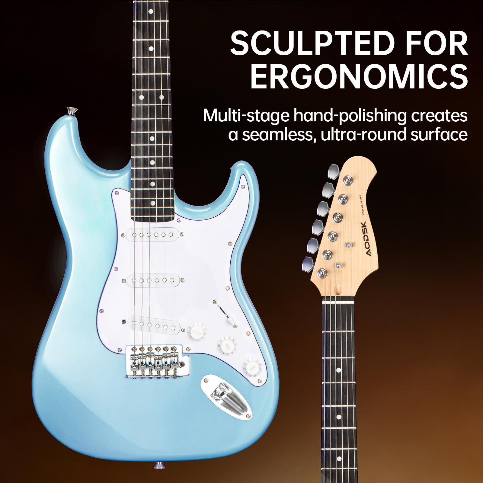AODSK Electric Guitar with Amp Beginner Kit 39 Inch Solid Body Full Size,All Accessories,Digital Tuner,Six Strings,Four Picks,Tremolo Bar,Strap,Gig Bag,Starter kit (Blue-HSS)
