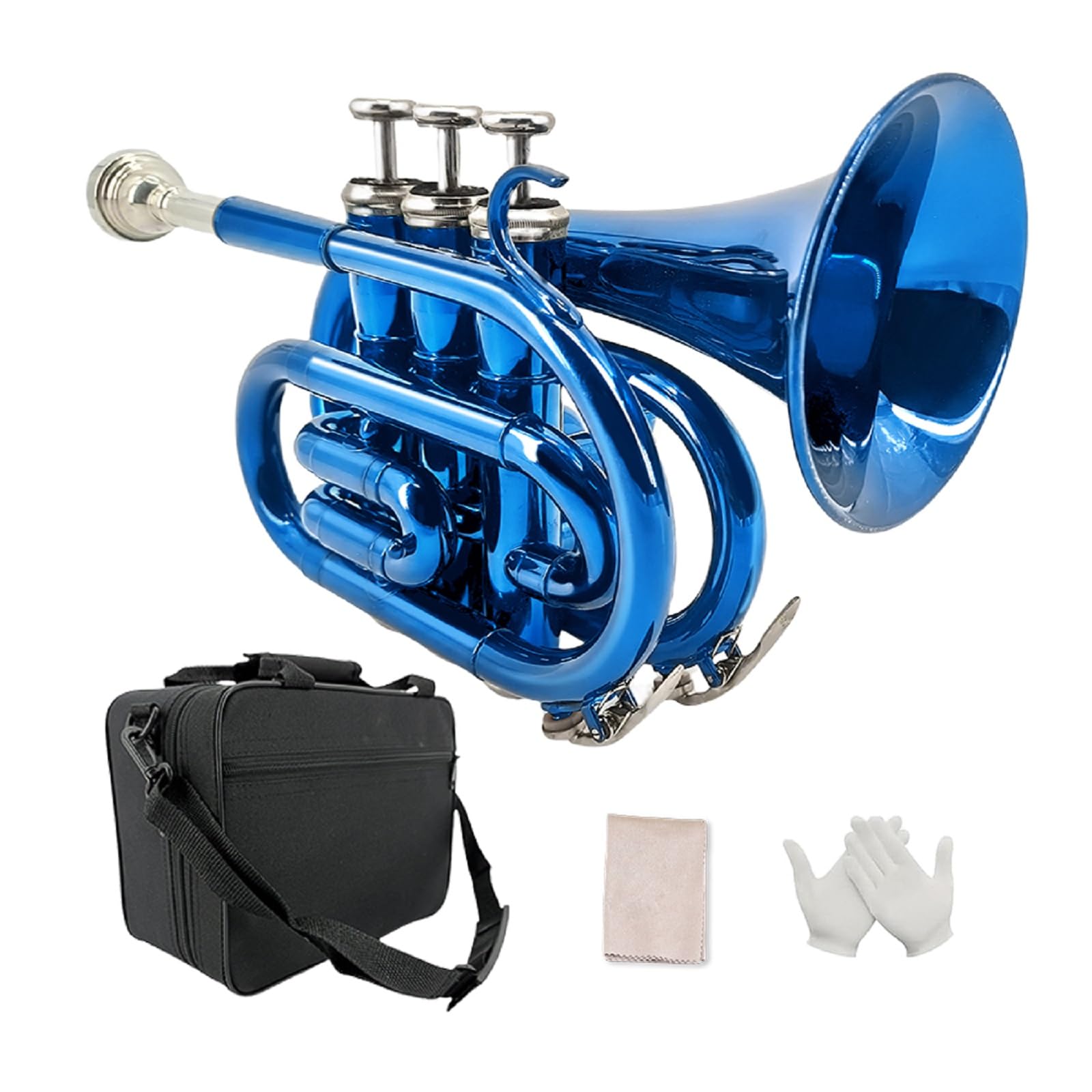 Pocket Trumpet Bb Flat Brass Trumpet for Beginner Student with 7C Mouthpiece Carrying Hard Case Cleaning Cloth Gloves