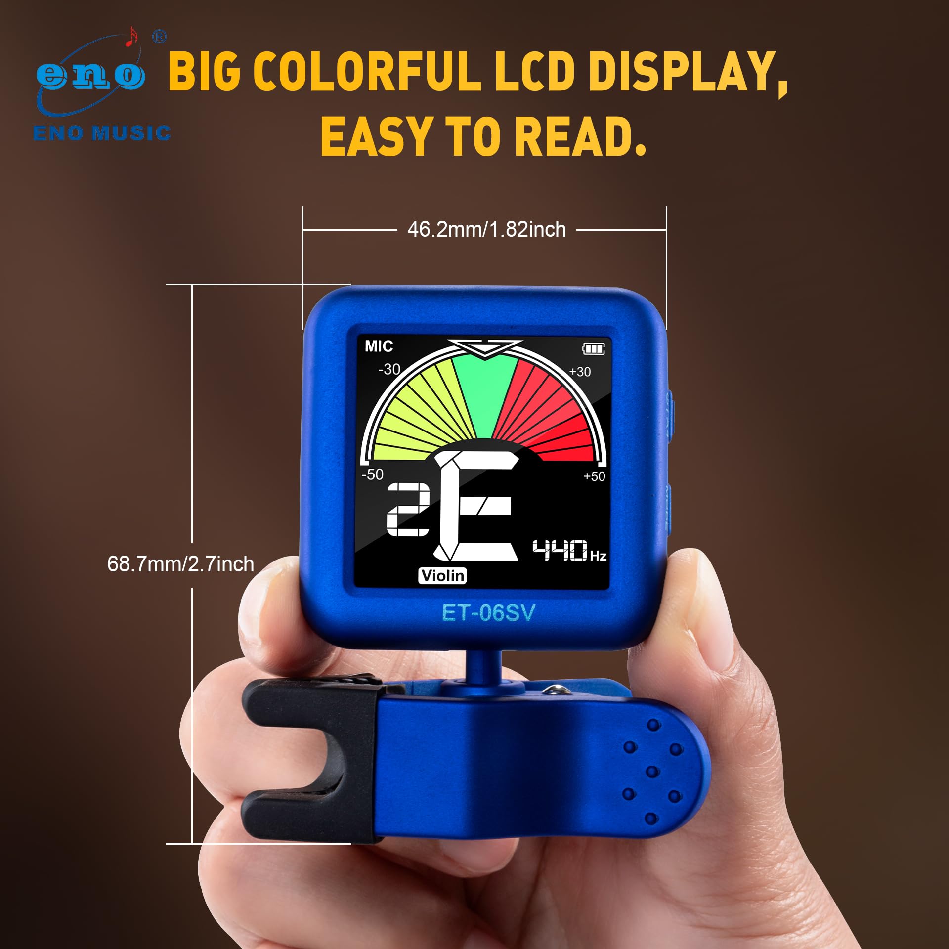 ENO MUSIC Rechargeable Type-C Quick Charge Easy Control Big LCD Display Easy Reading Clip-on Tuner for 4/4 Violin Viola Bass, Red