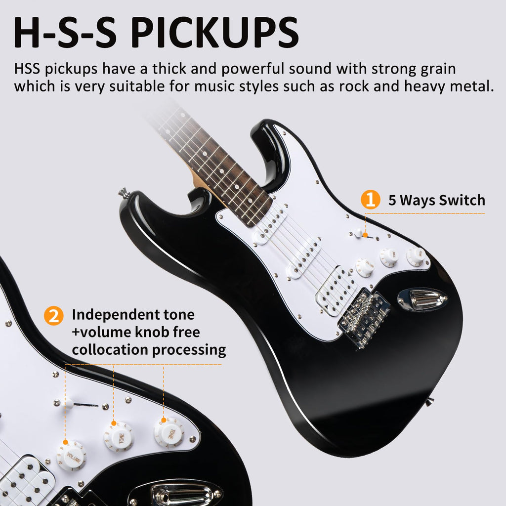 AODSK Electric Guitar with Amp Beginner Kit 39 Inch Solid Body Full Size,All Accessories,Digital Tuner,Six Strings,Four Picks,Tremolo Bar,Strap,Gig Bag,Starter kit (Blue-HSS)