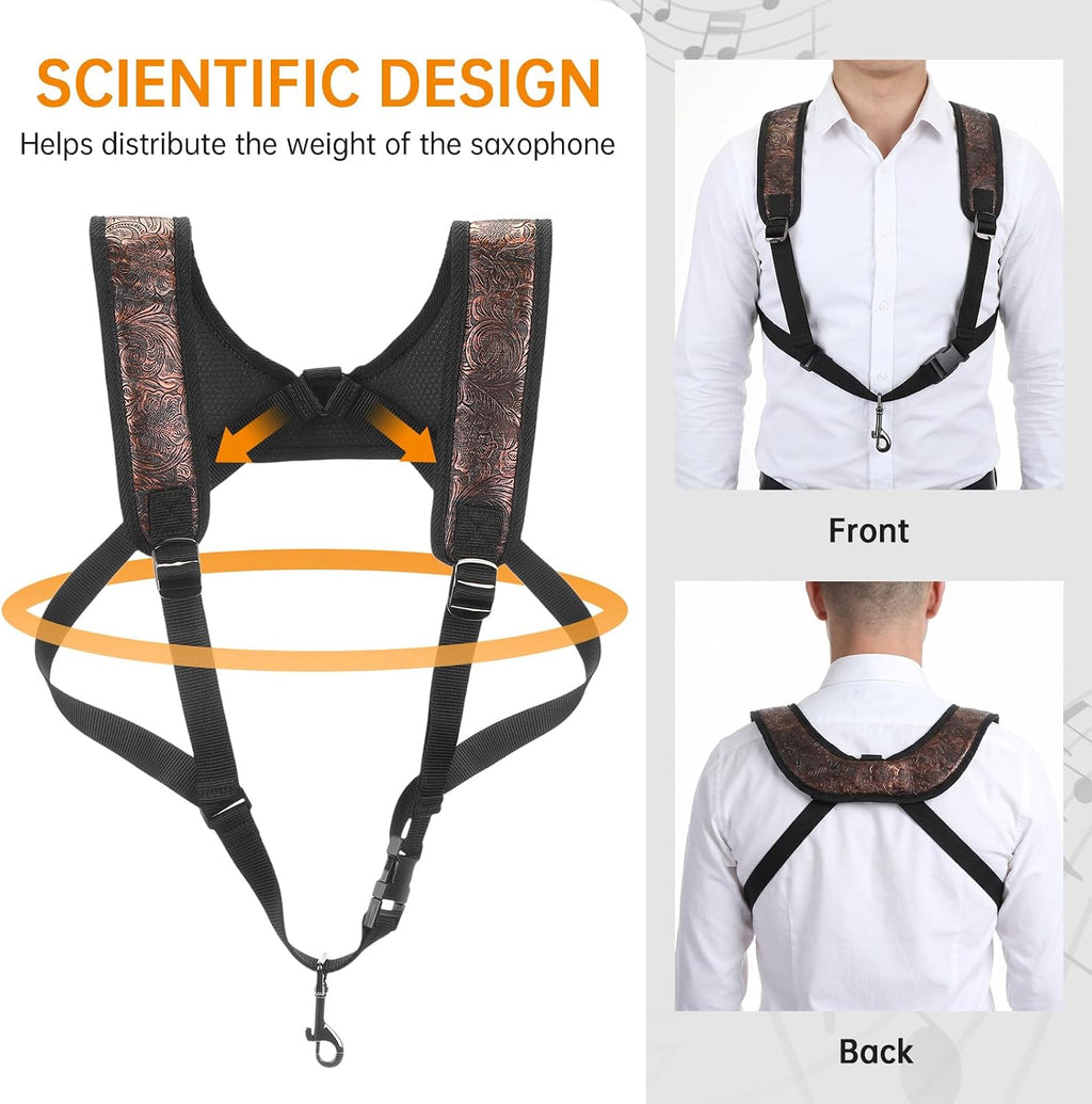 Hsei Saxophone Harness with Metal Snap, Adjustable Double Shoulder Saxophone Strap, Black Widened Thickened Design Sax Harness for Comfortable Support Alto Tenor Baritone Soprano