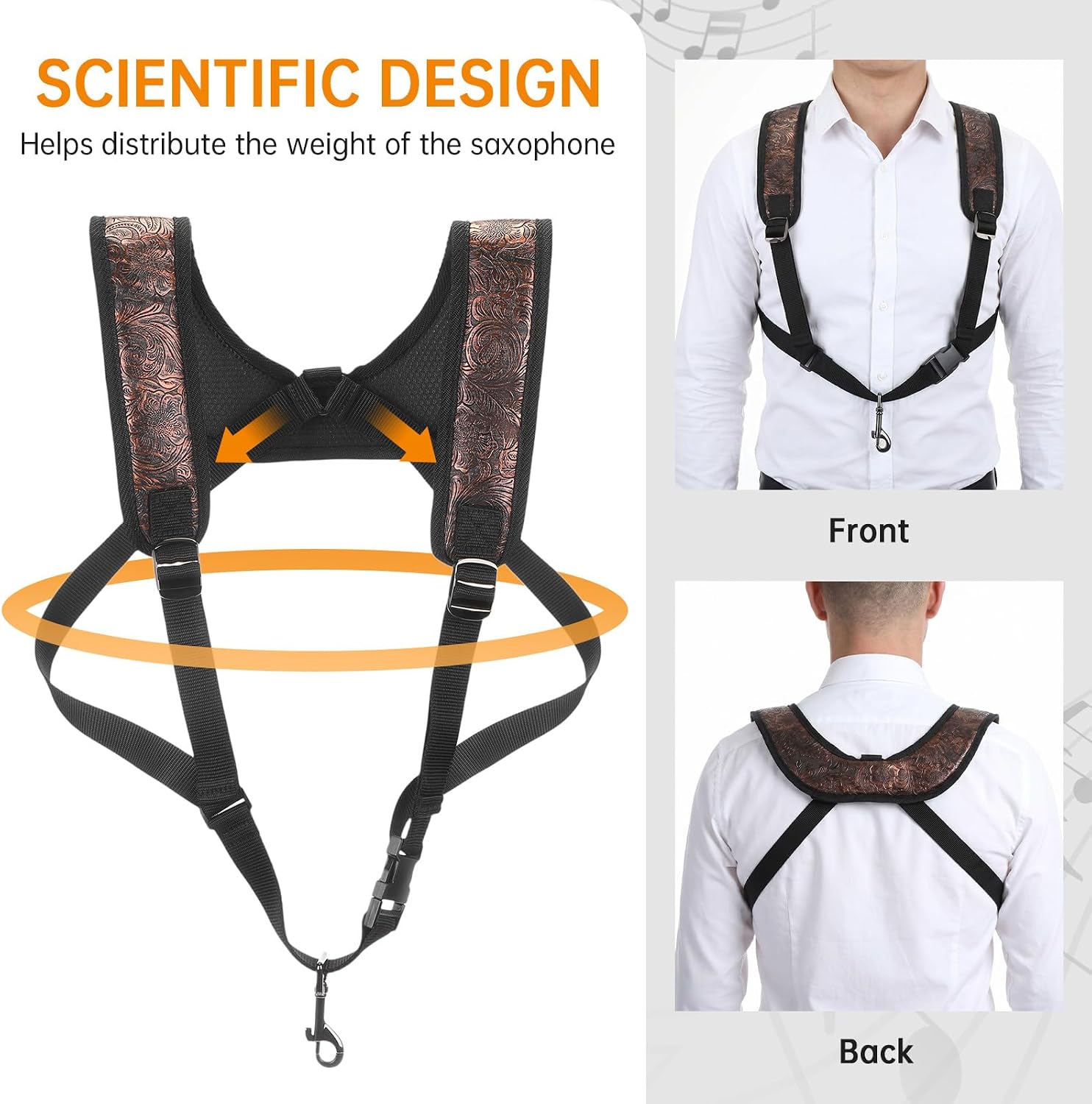 Hsei Saxophone Harness with Metal Snap, Adjustable Double Shoulder Saxophone Strap, Black Widened Thickened Design Sax Harness for Comfortable Support Alto Tenor Baritone Soprano