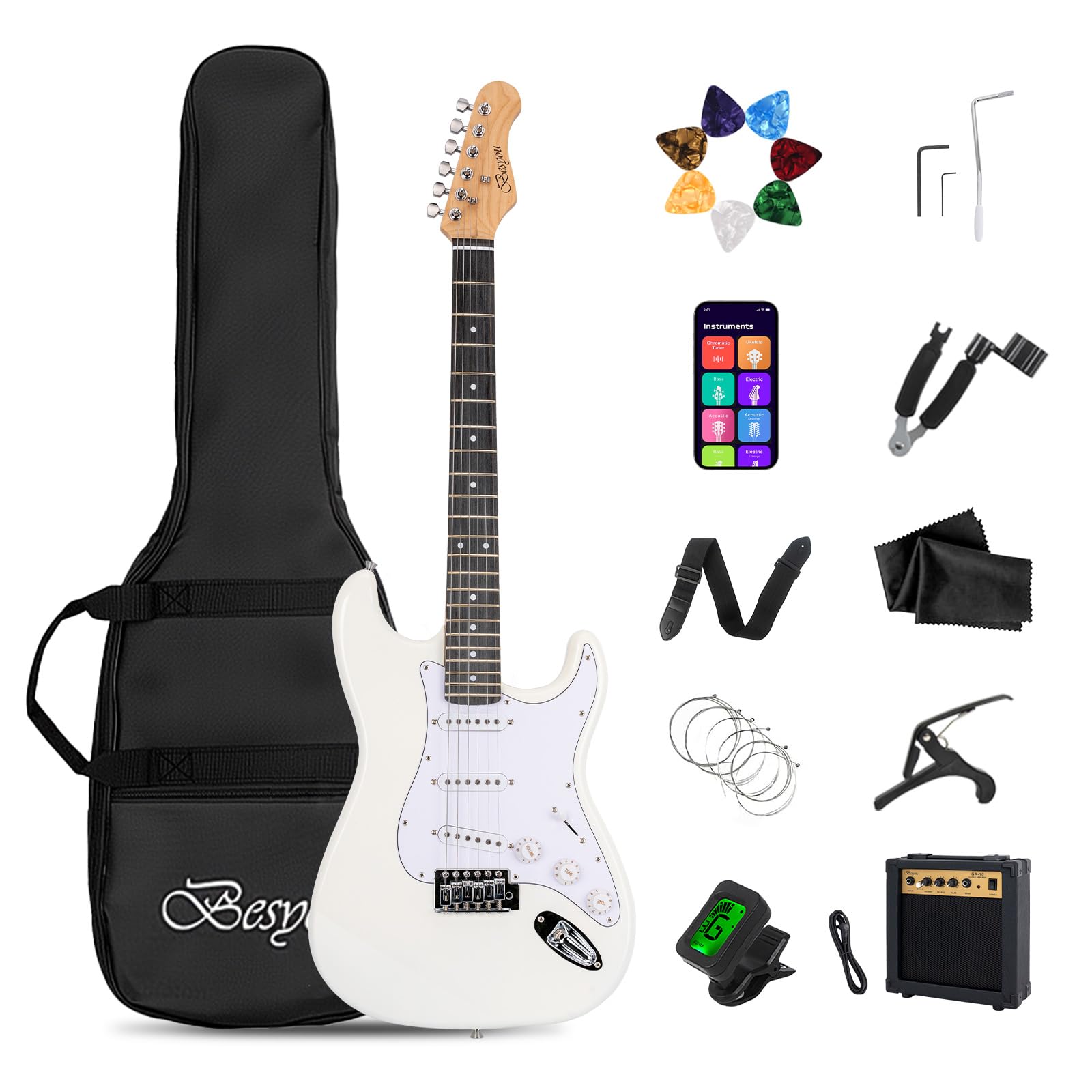 39 Inches Full Size Electric Guitar Beginner Electric Guitar Kits with 10W Amp Classic SSS Pickup Complete with Gig Bag Tuner Capo Strap Picks Guitar String Winders Black