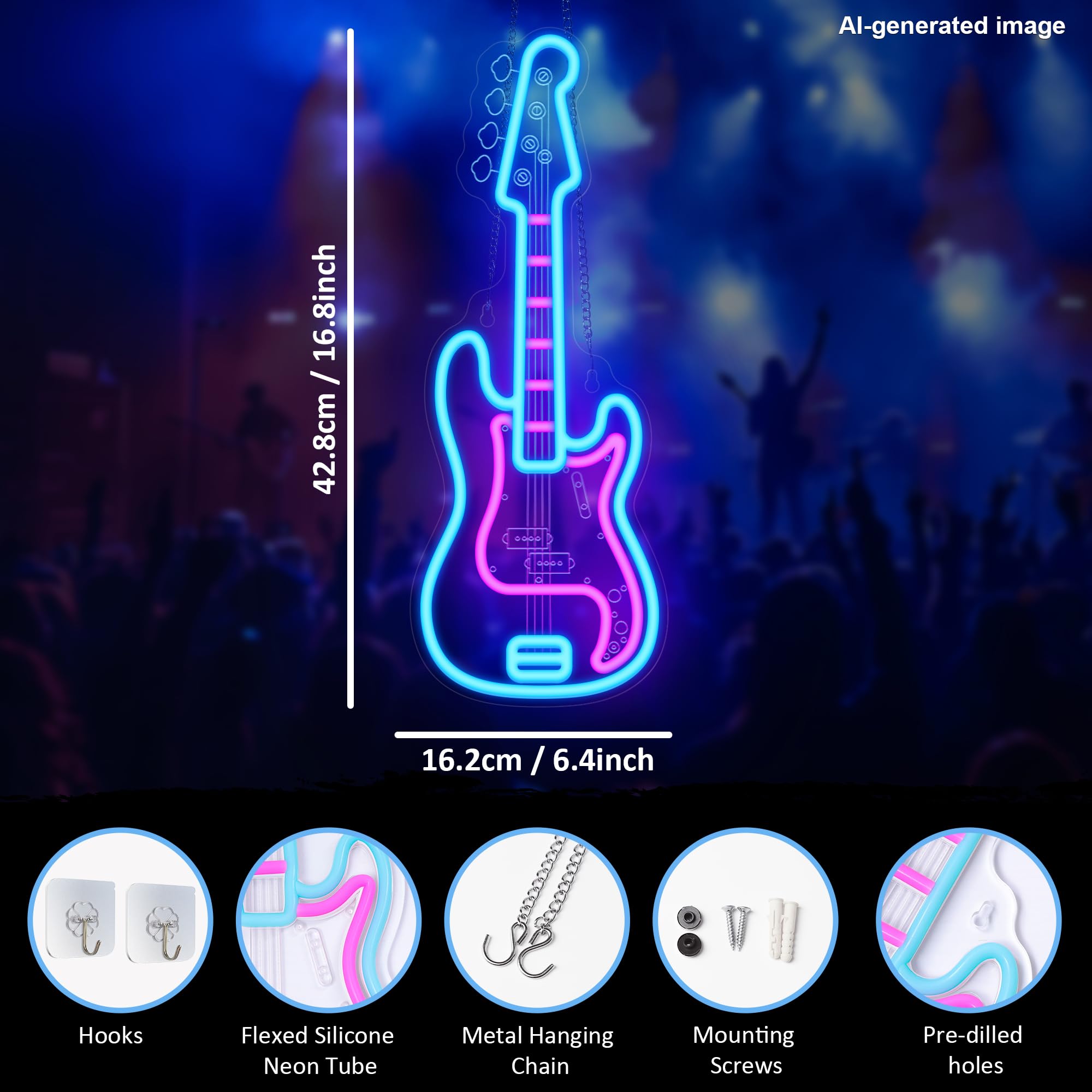 CoolGift Mart Acoustic Guitar Neon Light, Dimmable LED Guitar Neon Wall Sign USB Powered, Decorations for Bedroom Living Room Man Cave Music Studio, Gift for Guitar Players Guitarists Music Lovers