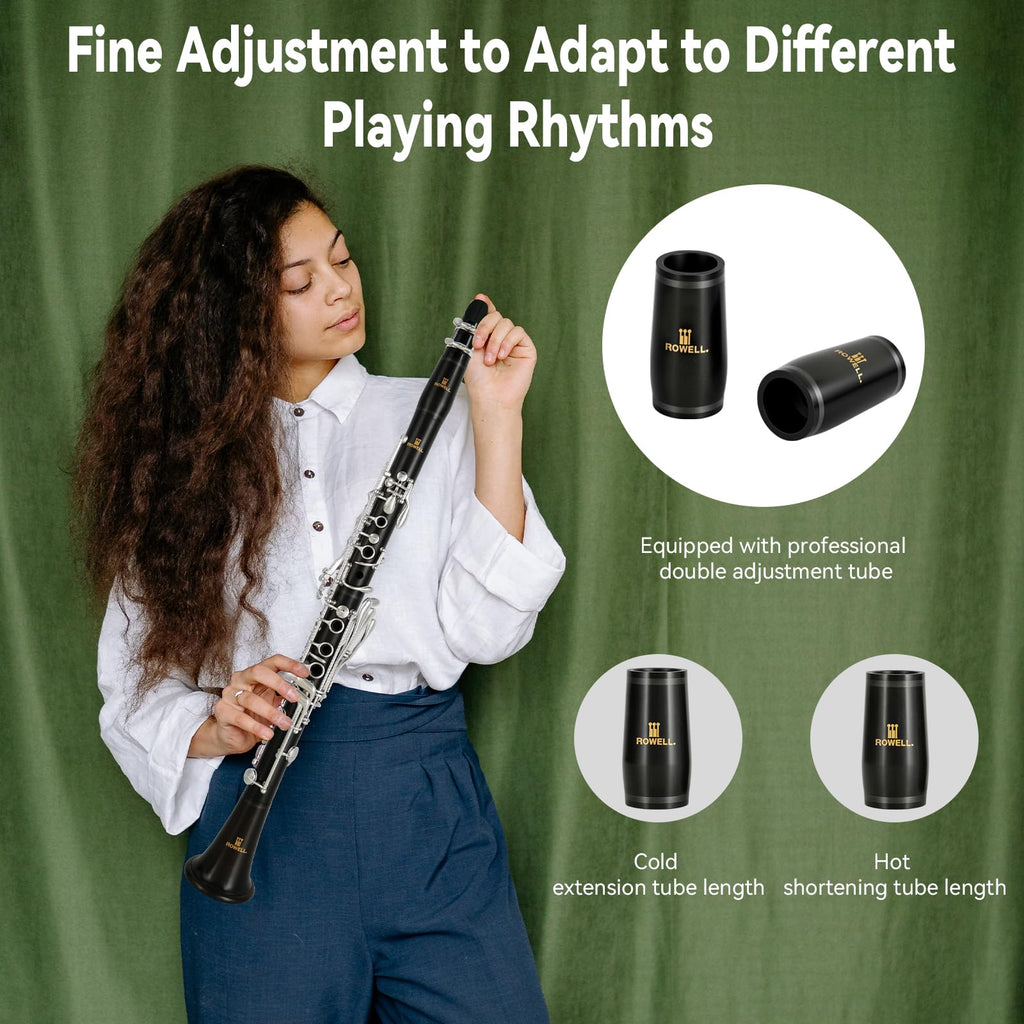 ROWELL 18 Key Bb Clarinet with Eb/Ab Lever & African Blackwood Wood Body Professional Rich Tone for Intermediate Players & Students Includes Case, Mouthpiece, Reeds