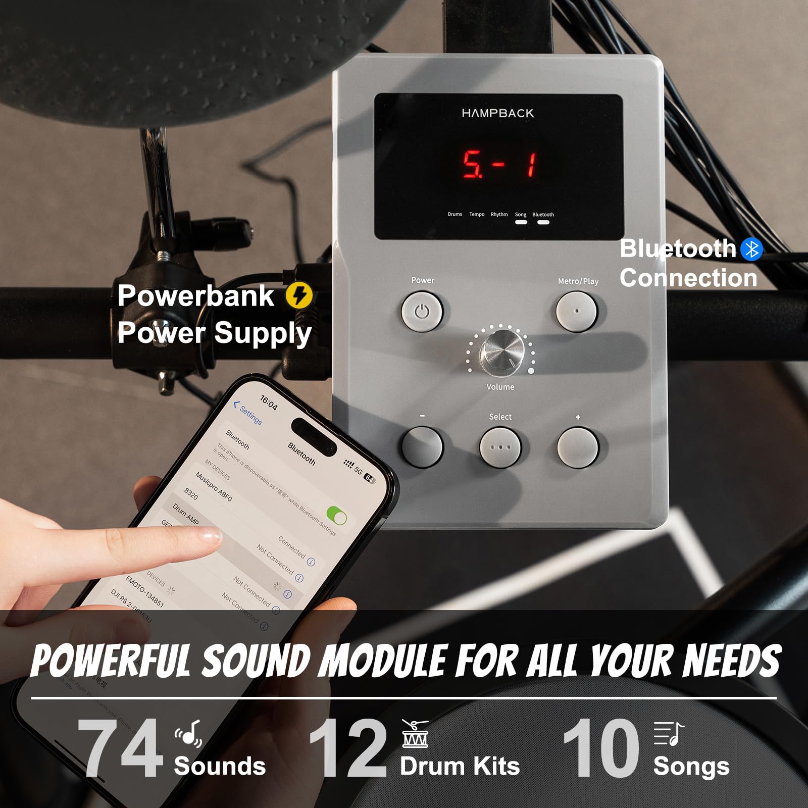 HAMPBACK MK-0 Electric Drum Set with 7'' Quiet Mesh Drum Pads, 8'' Full Rubber Cymbals, 12 Kits and 68 Authentic Sounds, USB MIDI, Throne, Sticks, Headphone, 2 Switch Pedals for Beginners & Kids