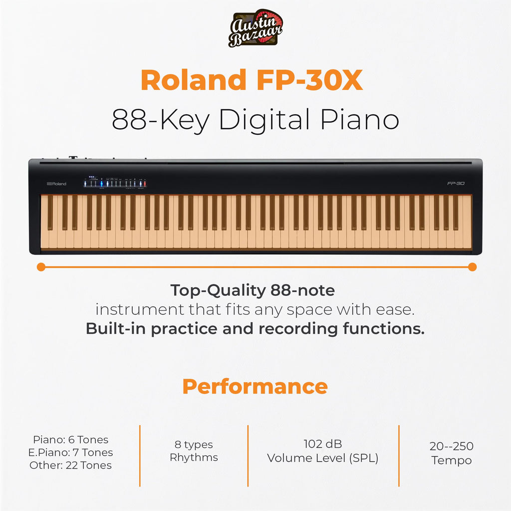 Roland FP-30X 88-Key Digital Piano - Black Bundle with Adjustable Stand, Bench, Sustain Pedal, Online Piano Lessons, Instructional DVD, and Austin Bazaar Polishing Cloth