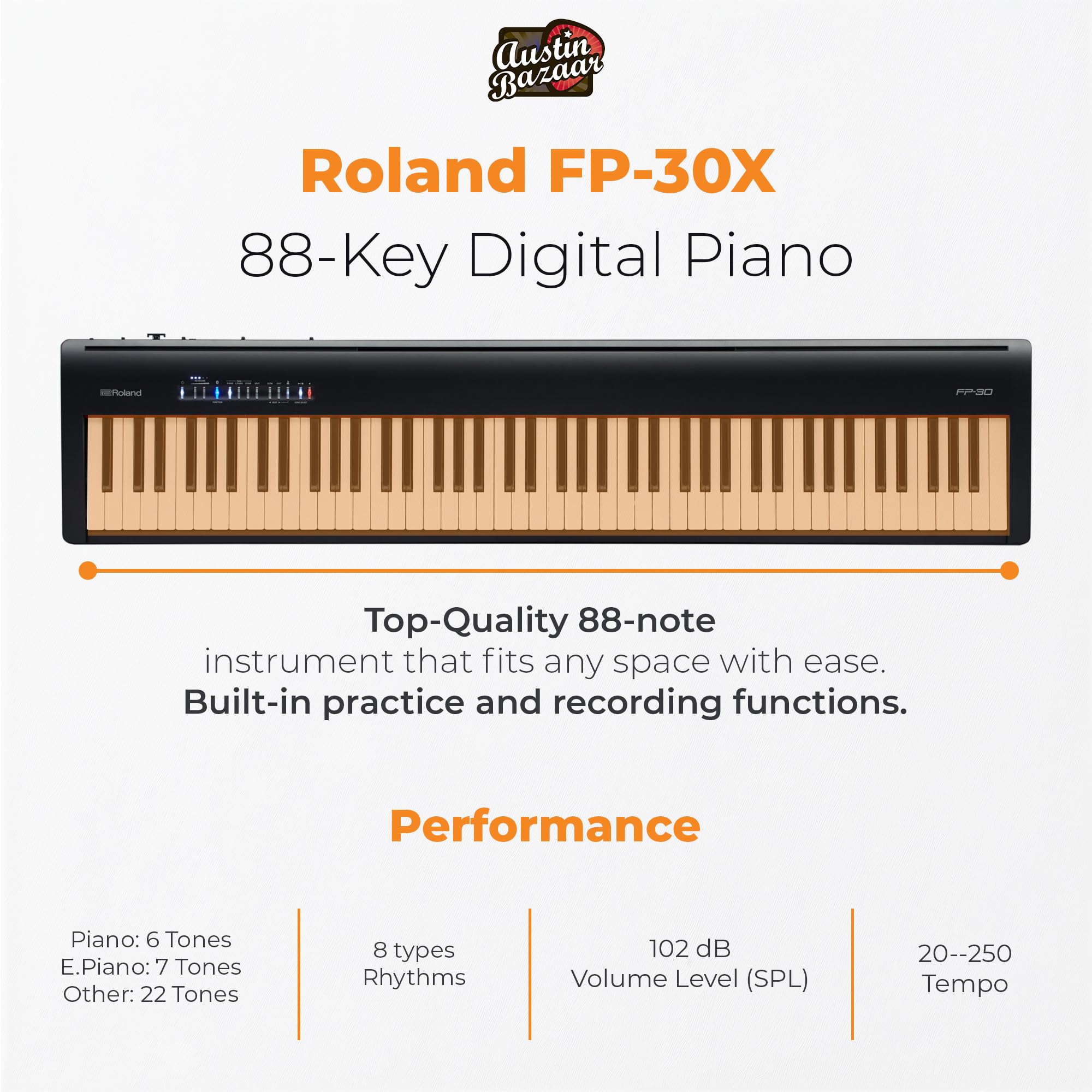Roland FP-30X 88-Key Digital Piano - Black Bundle with Adjustable Stand, Bench, Sustain Pedal, Online Piano Lessons, Instructional DVD, and Austin Bazaar Polishing Cloth