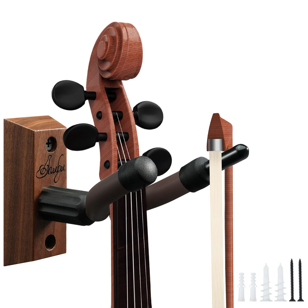 Ohuhu Violin Wall Mount Hanger, Hardwood Violin Viola Hanger with Bow Holder and Soft Padding for Home Studio Decor
