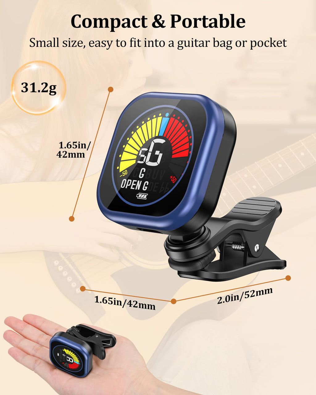 New Bee Guitar Tuner Clip-On Rechargeable with Color Screen 360° Rotatable Acoustic Chromatic Open Tuning for Guitar, Bass, Ukulele, Violin, Cello(Black, 1 Pack)
