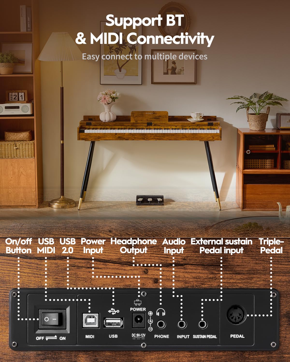 STRICH 88 Key Digital Piano, Hammer-Action Weighted Keyboard, Full Size Desk Cover Electric Piano Keyboard with Stand, 25Wx2 Speakers, Headphones, Three Pedal, SDP-350S(Color Mahogany)