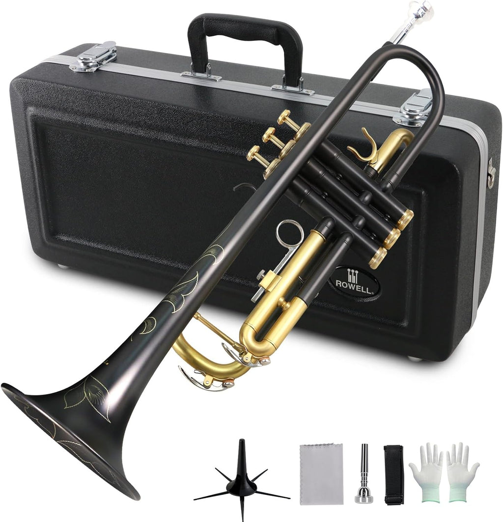 ROWELL Bb Trumpet Professional Trumpets for Adult Standard Trumpet Set for Beginner Student Brass Trunpet with Deluxe Hand Case,7C Mouthpiece,Cloth,Gloves,Trumpet Stand (Nickel Black)