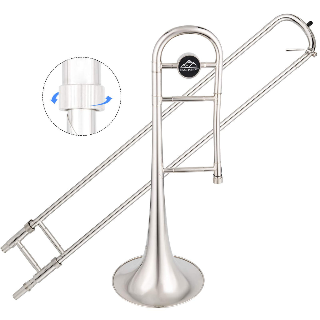 EASTROCK Bb Tenor Slide Trombone, B Flat Brass Plated Trombone Instrument for Beginners Students with Hard Case, with Mouthpiece, White Gloves (12.5mm/200 mm), Golden