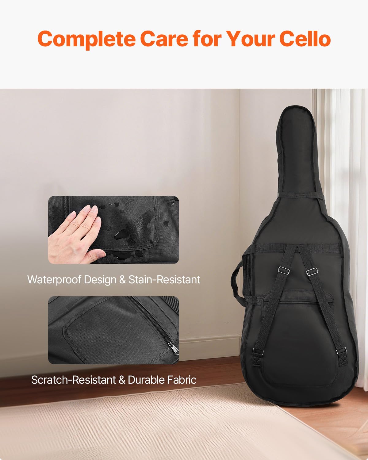 VEVOR 4/4 Full Size Cello Case, Lightweight Portable Travel Carrying Bag, with Dual Shoulder Straps, Anti-Scratch, Professional Cello-Shape, for Cello, Black