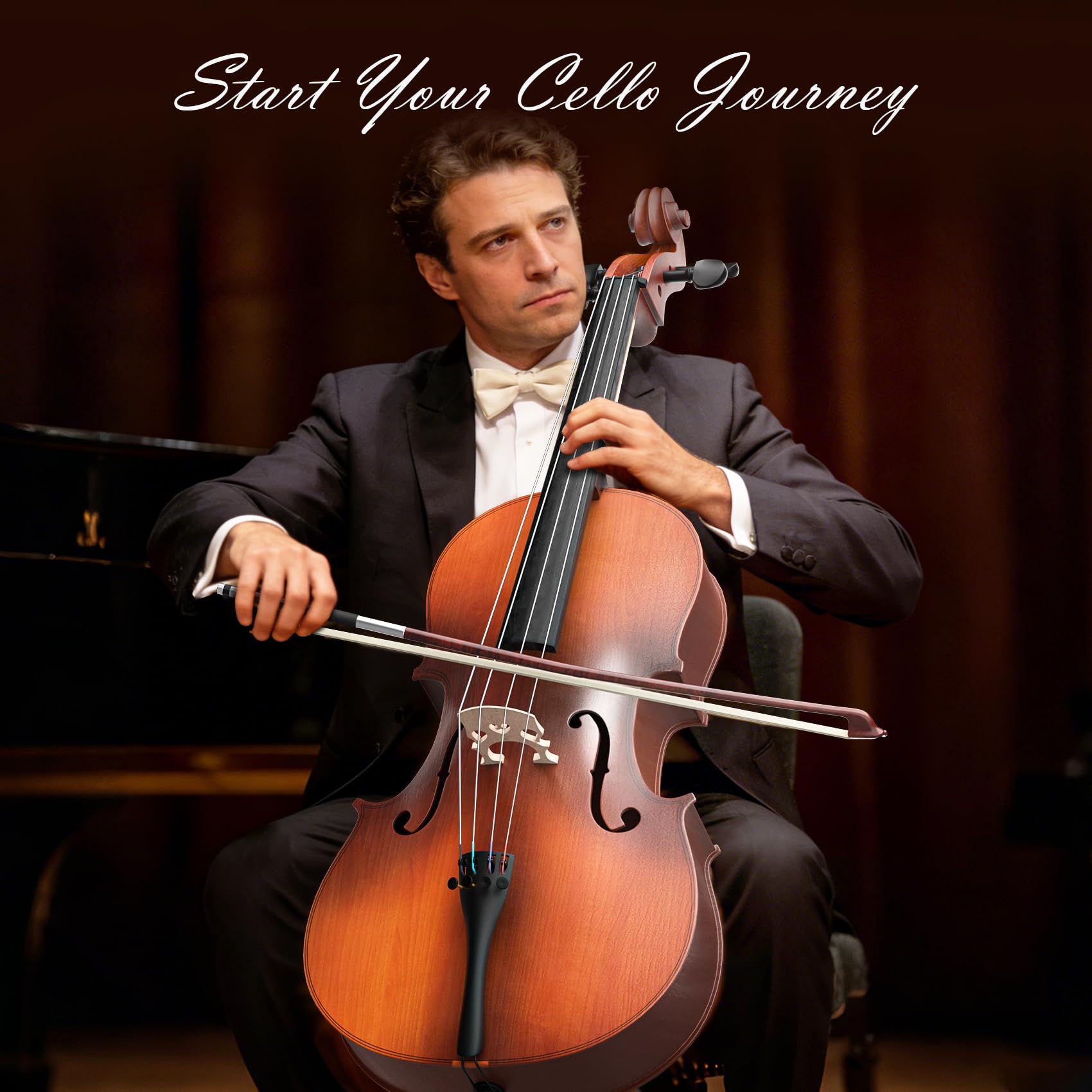Cello 4/4 Kit, Full Size Cello for Adults, Students, Beginners, Complete Acoustic Cello Instrument Set with Portable Bag, Bow, Rosin, Black
