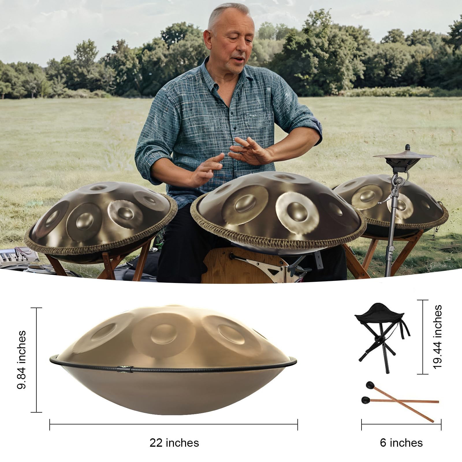 Handpan Drum 22 Inches D Minor Kurd, 432Hz 10 Notes Hand Drum Instrument, Premium Steel Drum, Handpan Instrument for Adults (Gold)