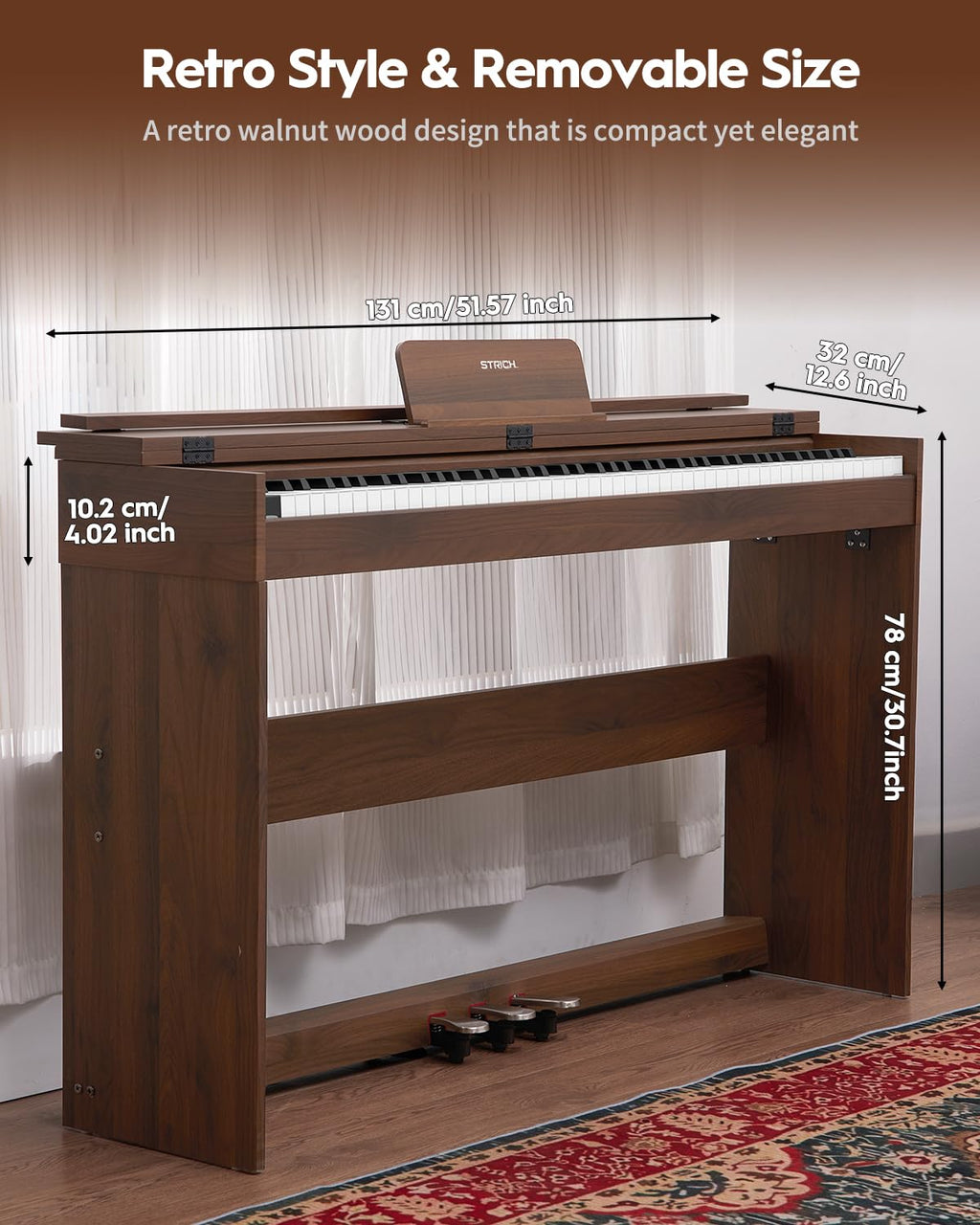 STRICH Digital Piano 88 Keys, Hammer-Action Weighted Keyboard, Full size Electric Piano Keyboard with Furniture Stand, 25Wx2 Speakers, Supports USB-MIDI/Wireless Connect, SDP-300W (Color Walnut Wood)
