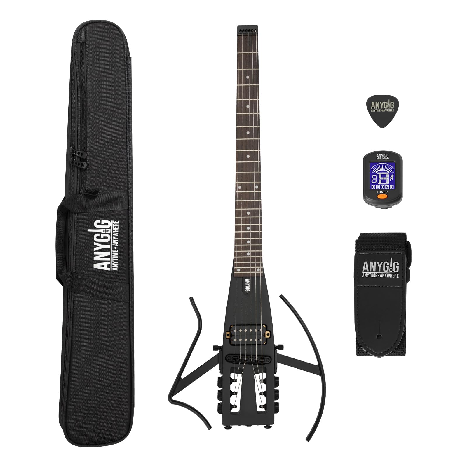 Anygig Travel Electric Guitar Headless – Portable Ultra-Light and Quiet, Full-Scale 25.5” Rosewood Fingerboard, Glow Humbucker, Gig Bag, Removable Stands for Left and Right Black