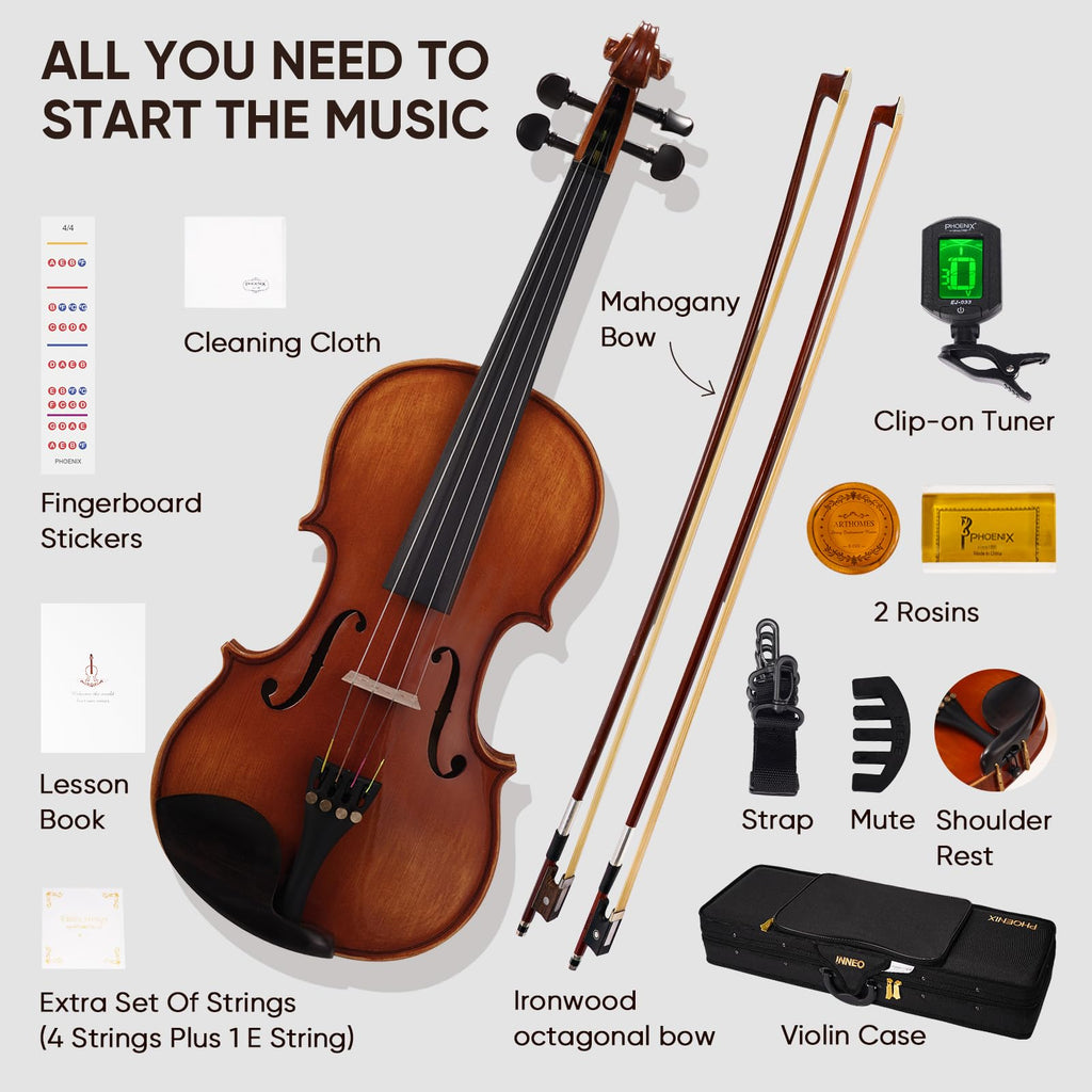 PHOENIX Violin 4/4 Full Size Kit, Violin Fiddle Set for Beginner Adults with Rosewood Bow Extra Strings & Bridge (Entry-level, Full)