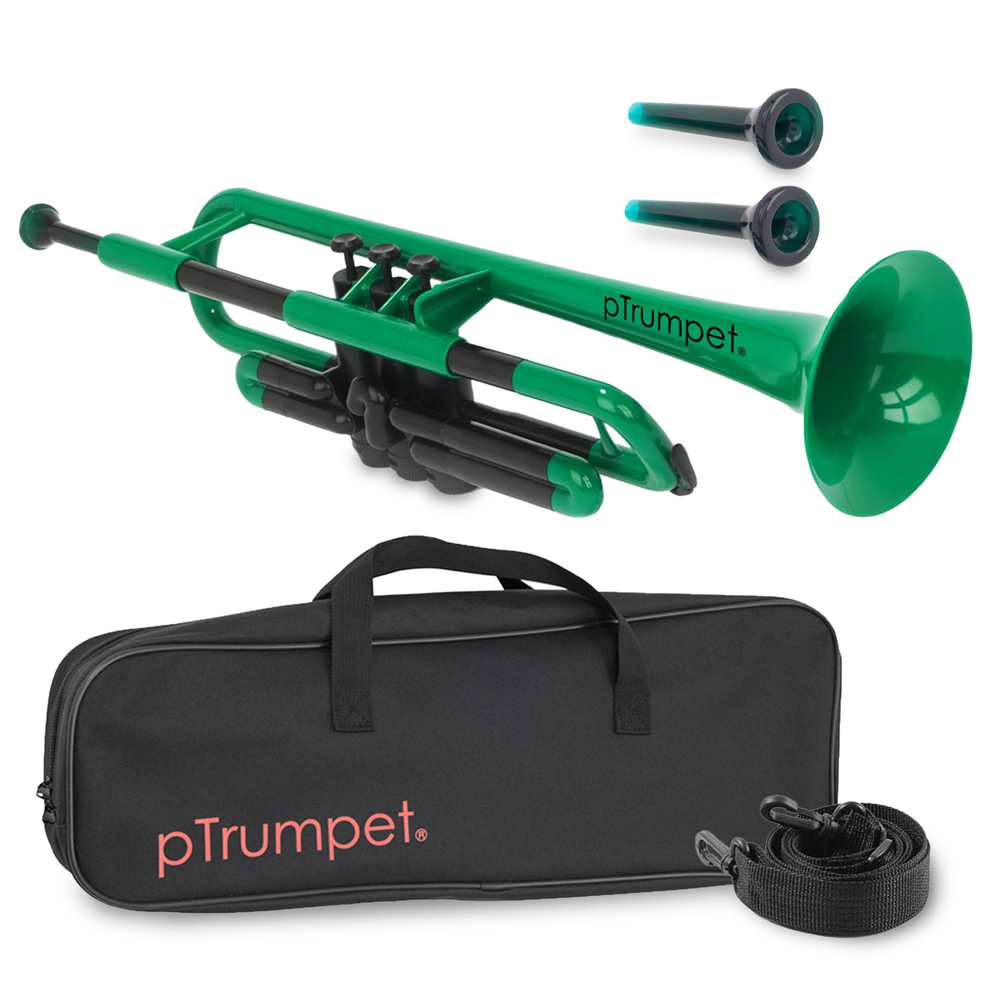 pTrumpet Bb Plastic Trumpet - Durable pInstruments Design with Ergonomic Grip - Includes 3C & 5C Mouthpieces and Carrying Bag - Authentic Sound for Students & Beginners - ABS Build - Green