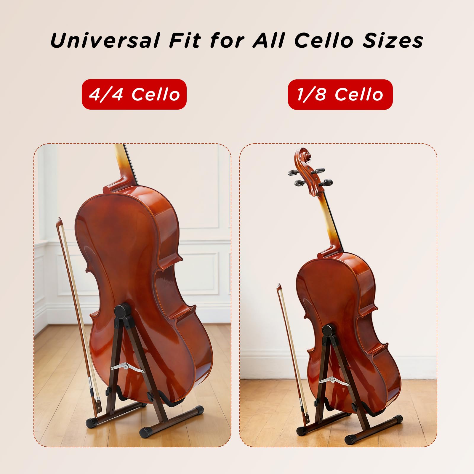Cello Stand with Bow Holder, Wooden Stand for 1/2, 3/4, 7/8, 4/4 Full-Size, A-Frame Floor Cello Stand with Padded Foam and Non Slip Pad, Cello Display Stand (Black Walnut)