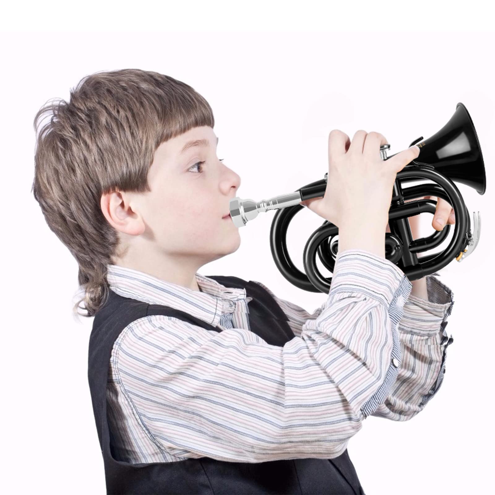 EastRock Pocket Trumpet Brass Bb Nickel Plated Trumpet with 7 C Mouthpiece, Hard Case, Strap, White Gloves, Cleaning Kit for Students and Beginners