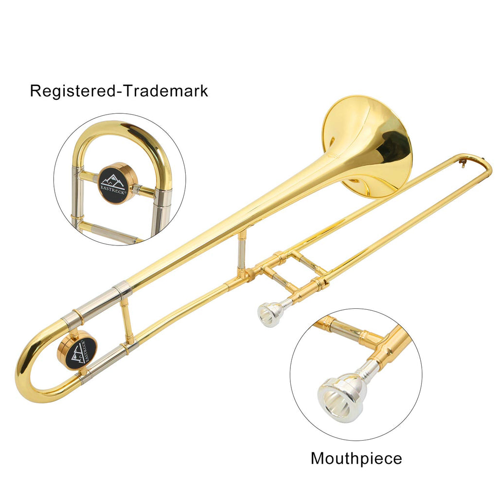 EASTROCK Bb Tenor Slide Trombone, B Flat Brass Plated Trombone Instrument for Beginners Students with Hard Case, with Mouthpiece, White Gloves (12.5mm/200 mm), Golden