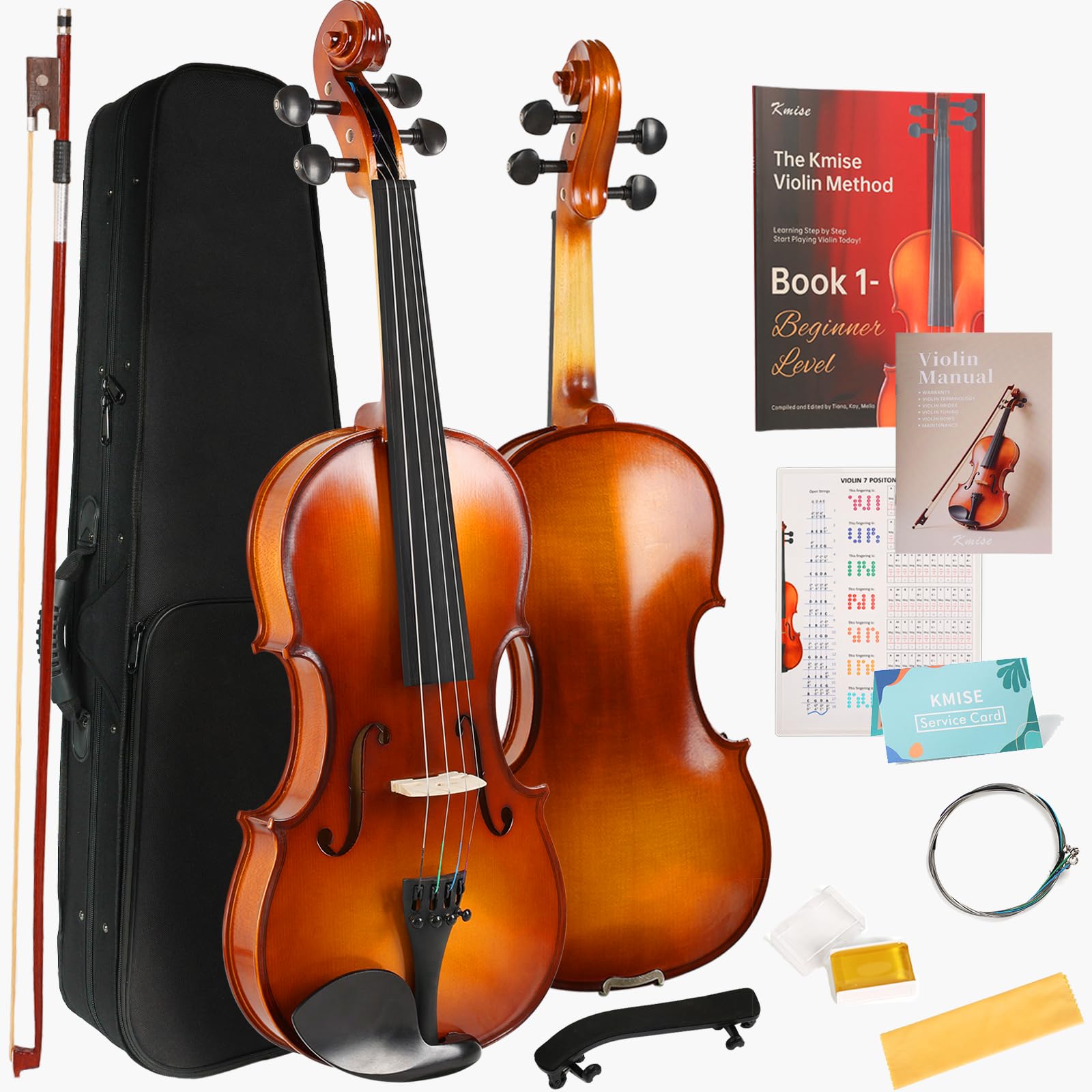 Kmise Teacher Approved 4/4 Full Size Violin Starter Kit for Adults Beginners Students, High Density Ebony Acoustic Violins, Fiddle Bundle with Case, Bow, Rosin, Strings, Shoulder Rest & Guide