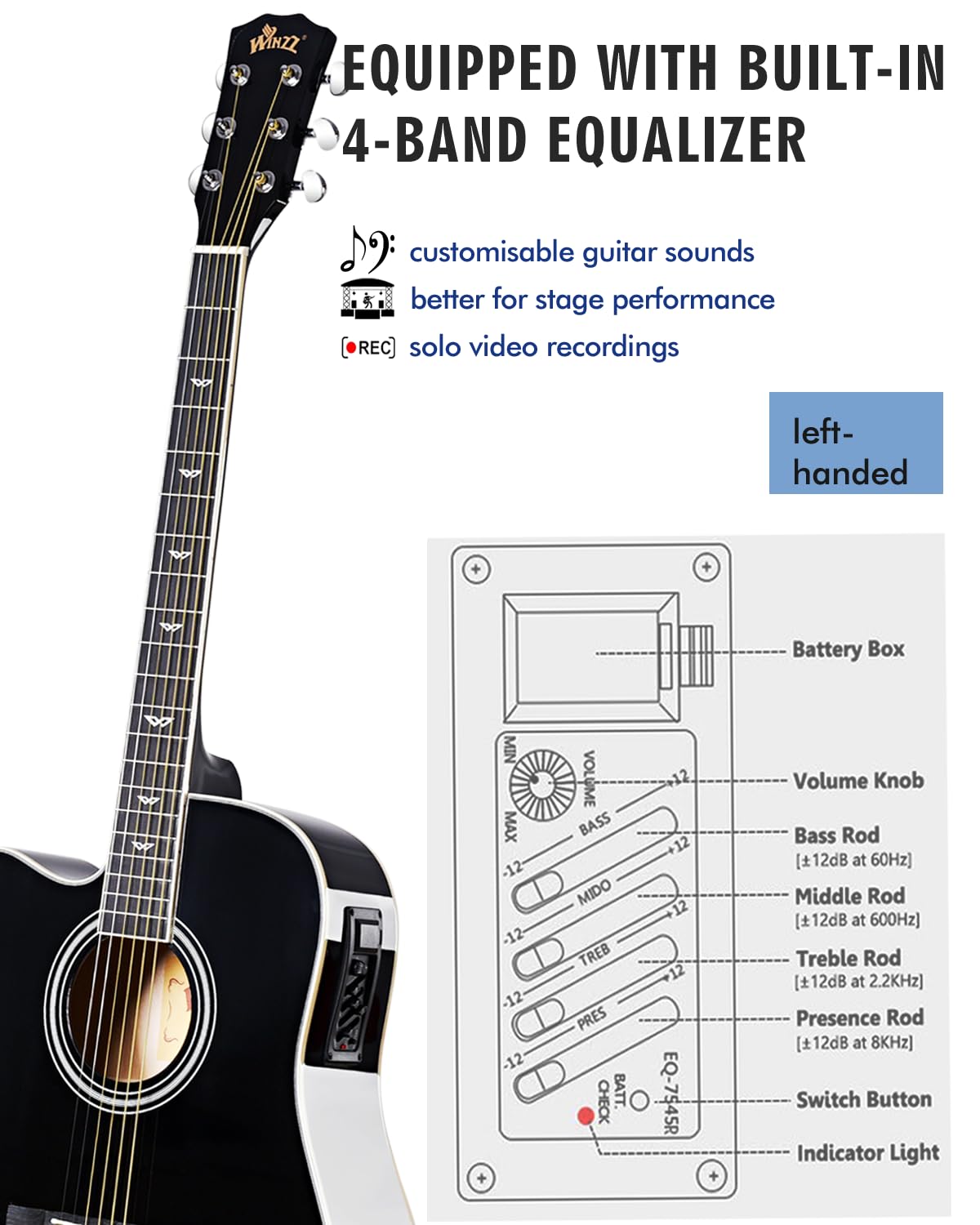 Winzz 4/4 Electro Acoustic Guitar, Left-Handed Western Guitar Set, Adult Beginners, Acoustic Guitar 41 Inch with 4-Band Equaliser (Dreadnought,Glossy Sunburst)
