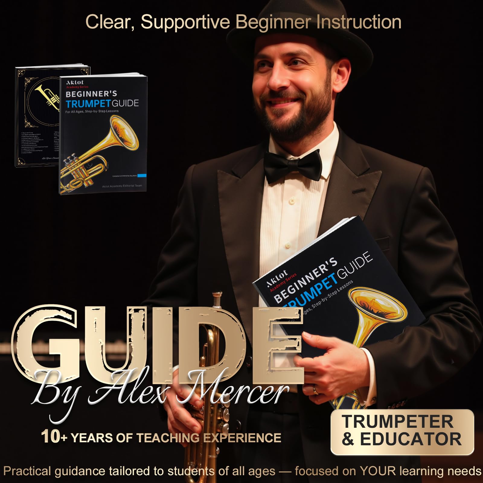 AKLOT Hand-Hammered Bell Bb Trumpet: Smooth Valve Action, Clear-Lacquered Brass Body, Standard Trumpet Beginner Set with Leather Case, Lesson Book, Trumpet Mute, Mouthpiece, Cleaning Kit (SNR-BrzED)