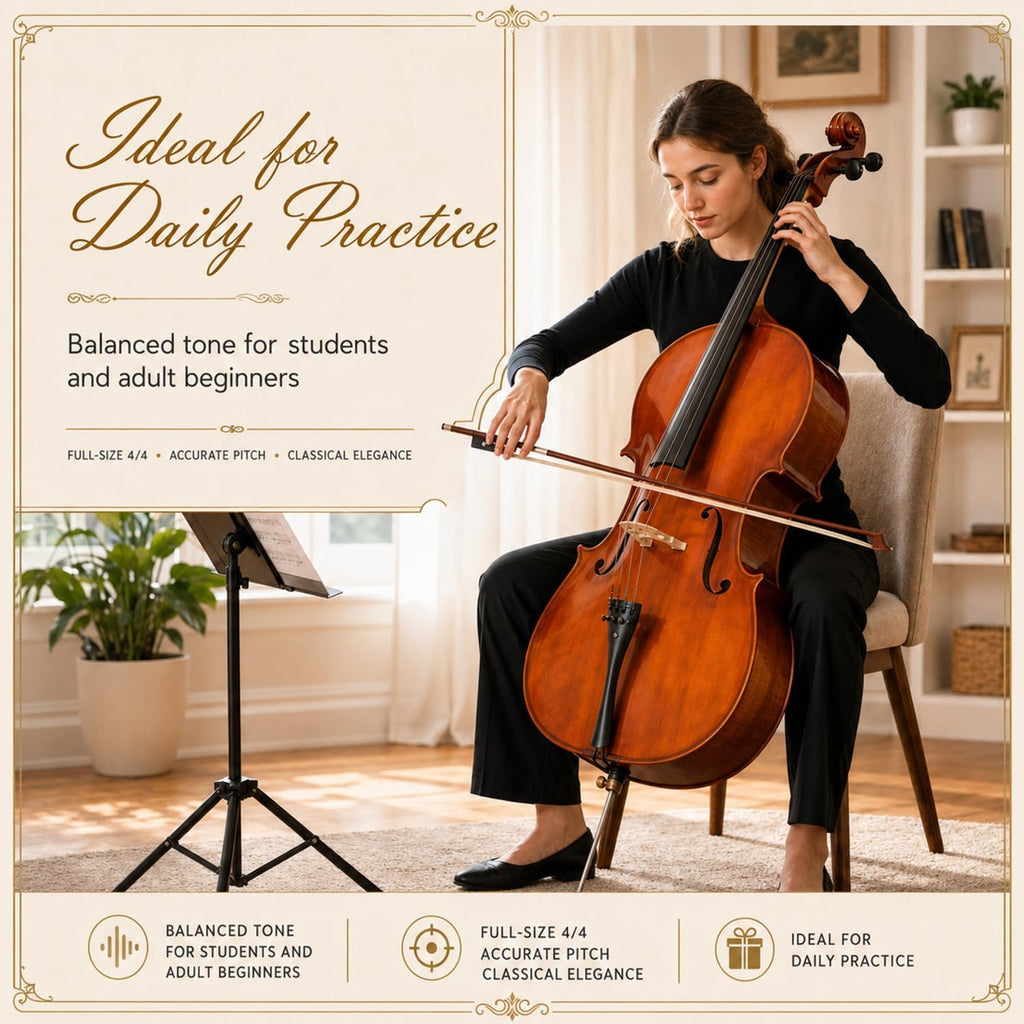 Cello 4/4 Full Size, Beginner Cello Instrument for Adults, Acoustic Cello Set with Padded Bag, Extra Strings, Bridge, Bow & Rosin – for Lessons, Home Practice & School Orchestra, Matte Natural