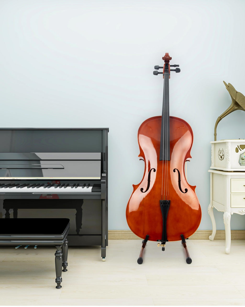 Cello Stand with Bow Holder, Mahogany Wooden A-Shape Floor Stand with Padded Foam, Handcrafted Cello Rack Fits 1/2, 3/4, 7/8, 4/4 Full-Size and Guitar, Instrument Holder for Home and Studio Display
