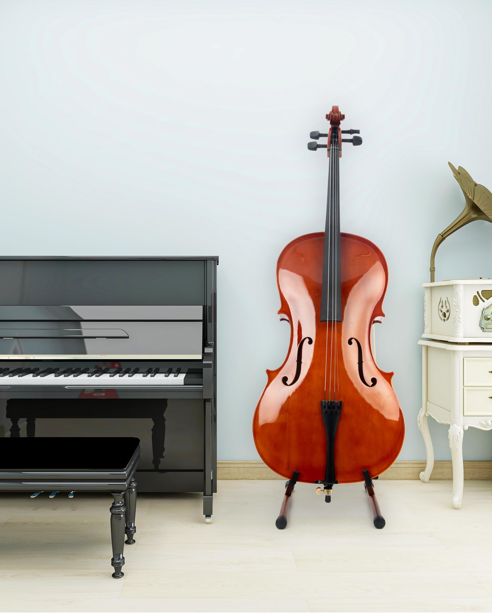 Cello Stand with Bow Holder, Mahogany Wooden A-Shape Floor Stand with Padded Foam, Handcrafted Cello Rack Fits 1/2, 3/4, 7/8, 4/4 Full-Size and Guitar, Instrument Holder for Home and Studio Display