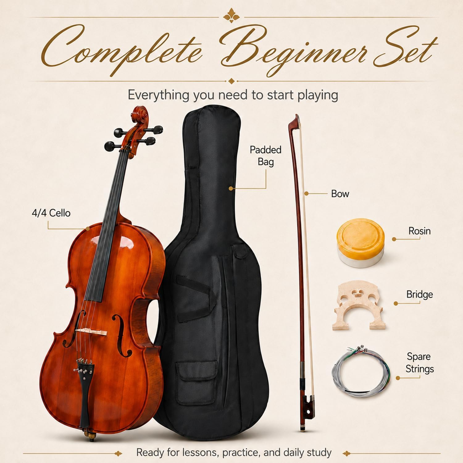 Cello 4/4 Full Size, Beginner Cello Instrument for Adults, Acoustic Cello Set with Padded Bag, Extra Strings, Bridge, Bow & Rosin – for Lessons, Home Practice & School Orchestra, Matte Natural